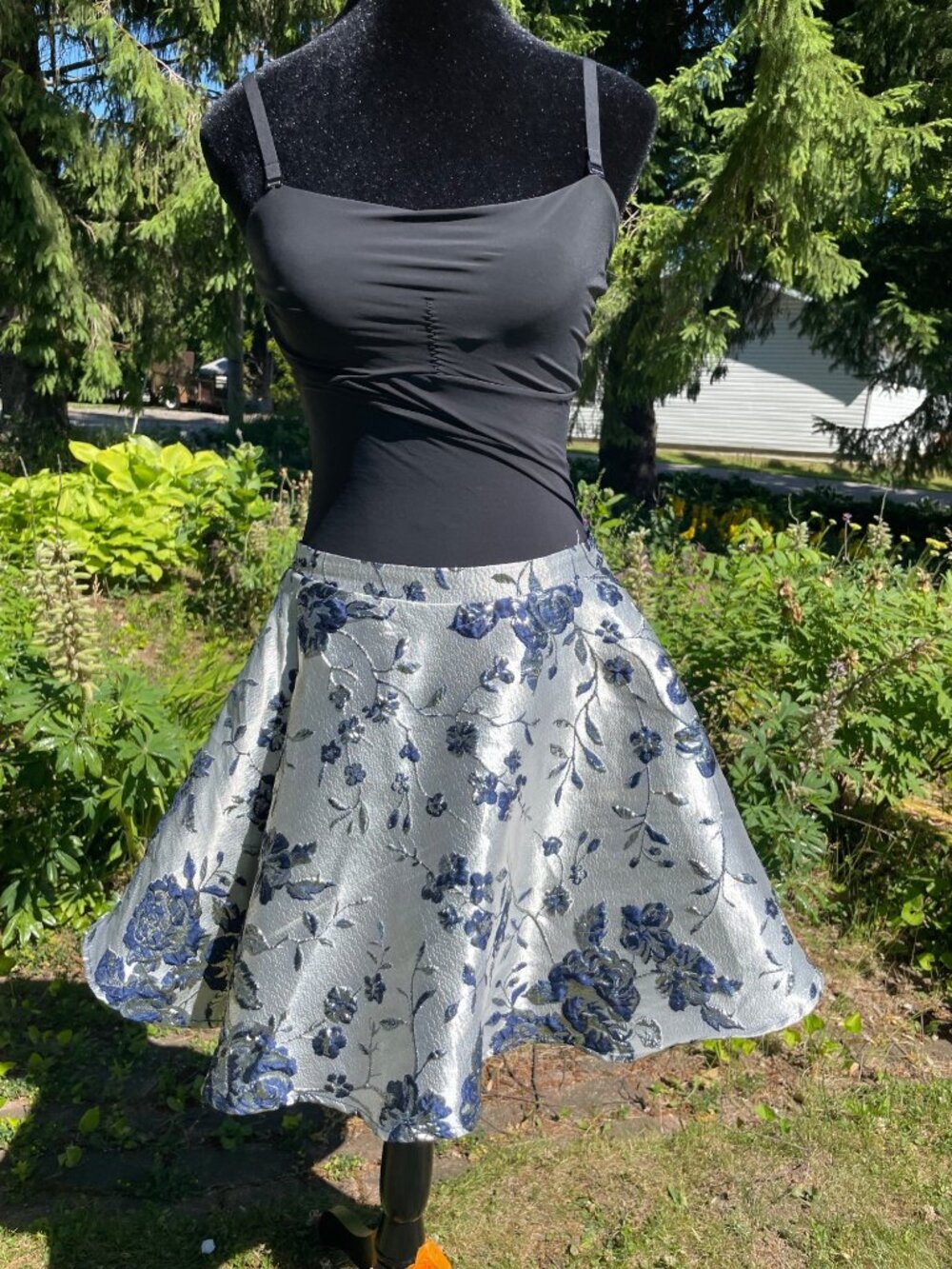 Vintage Y2K Style Skater Tulle Skirt Silver Floral Navy 9 Glam Maximalist Art